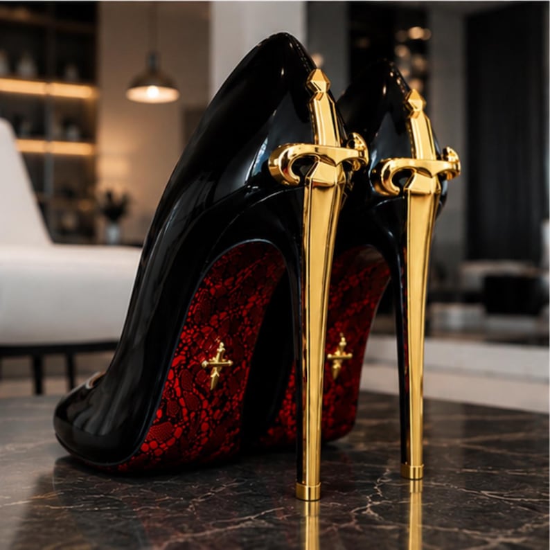 May include: A pair of black high-heeled pumps featuring a glossy finish and a metallic gold sword-shaped stiletto heel. The soles are a deep red color with a black lace-like pattern and a small gold cross emblem embedded in the center of each sole.