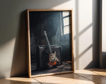 Urbaner Stil | Grunge Gitarre und Amp Kunst | Rockmusik Wanddekor | Vintage Bandposter
