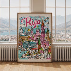 Reisposter Riga, Letland | Kleurrijke stadskunstprint | Muurdecoratie Baltische skyline