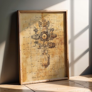 May include: A framed vintage blueprint of a mechanical device, possibly an engine or machine component. The blueprint is in black lines on a tan background, with a wooden frame. The image is leaning against a wall.