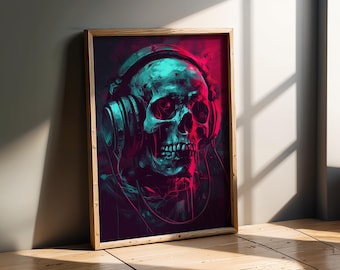 Urbaner Stil | Neon Schädel Kopfhörer Kunst | Poster Cyberpunk | Dampfwelle Wanddekor | Gaming-Print