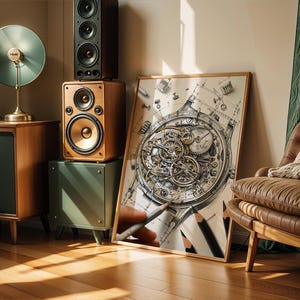 May include: A detailed illustration of a watch mechanism, framed in wood, leans against a wall. The image is next to a brown leather armchair with a cream-colored blanket. Speakers and a vintage-style radio are also in the room.