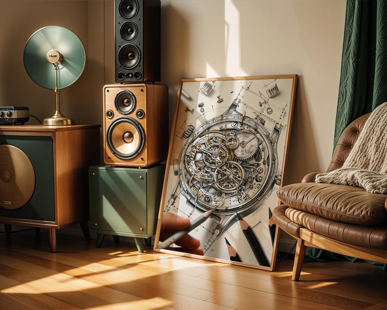 May include: A detailed illustration of a watch mechanism, framed in wood, leans against a wall. The image is next to a brown leather armchair with a cream-colored blanket. Speakers and a vintage-style radio are also in the room.