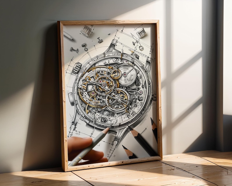 May include: A framed print of a detailed watch mechanism sketch. The artwork features intricate gears and components in shades of silver and gold, set against a blueprint background. The wooden frame adds a classic touch. Pencils are placed near the frame.