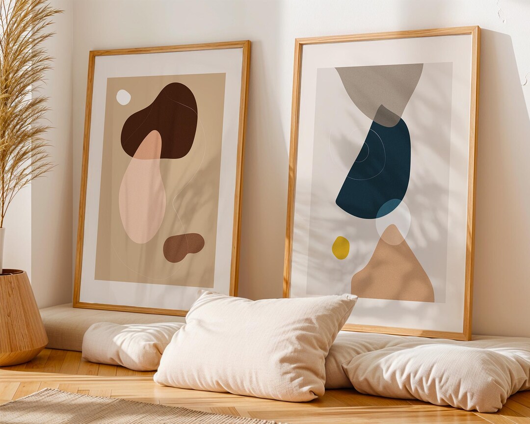 Set of Two Prints | Neutral Abstract Wall Art | Modern Minimal Shapes ...