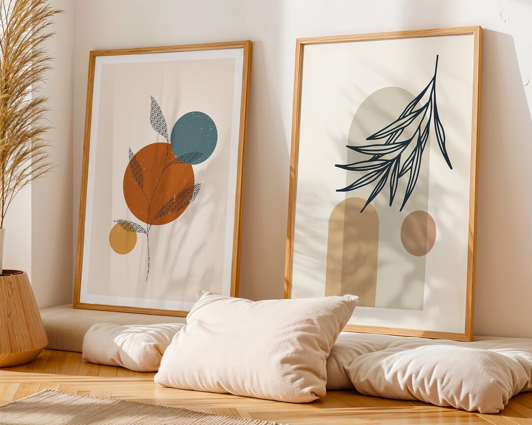 Boho Botanical Wall Art Set of 2 | Abstract Leaf & Geometric Neutral ...
