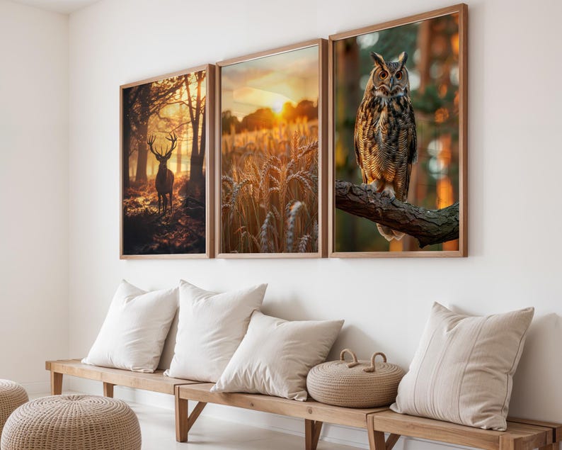 Set of Three | Deer Owl Wildlife Wall Art | Rustic Forest Animal ...