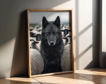 Urbaner Stil | Schwarzer Wolf unter Schafen Wand Kunst Dark Wildlife Wohnkultur