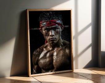 Traditional Muay Thai Art | Fighter with Mongkhon Poster | Thai Culture Decor