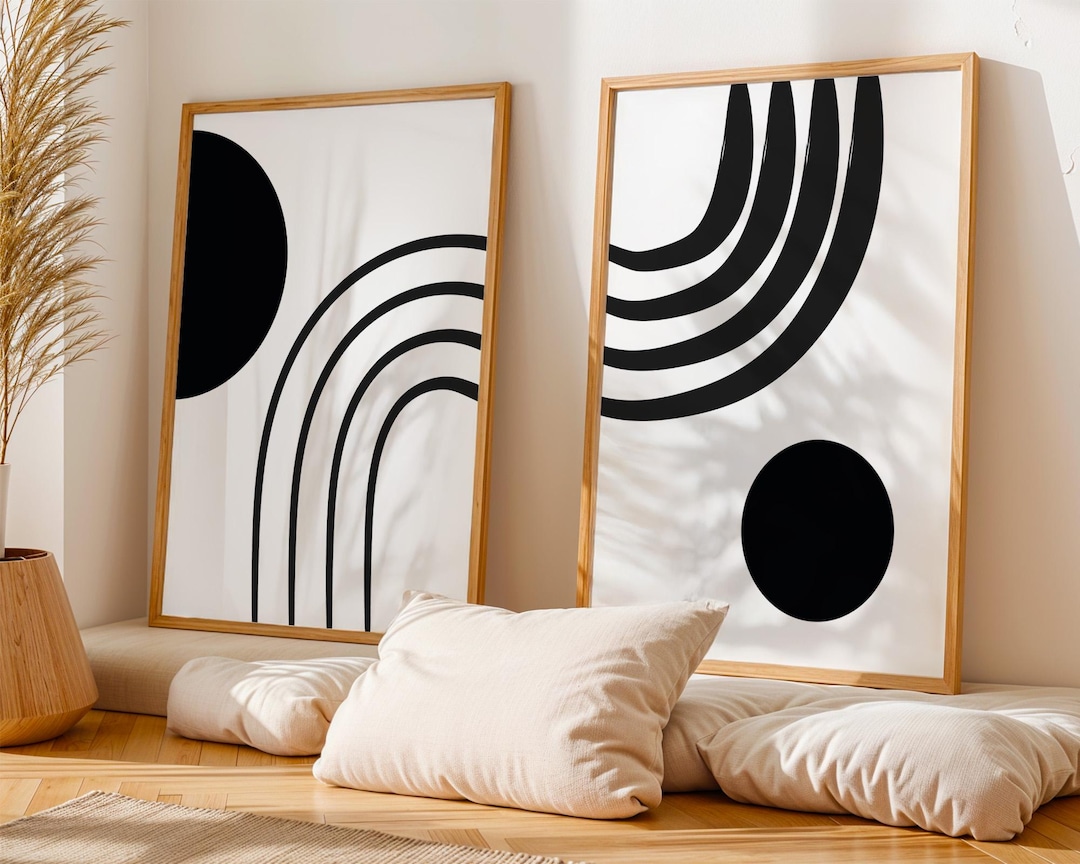 Set of Two Prints | Minimal Black Boho Wall Art | Abstract Geometric ...