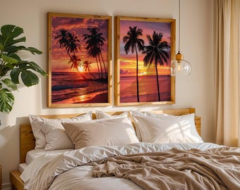 Set of Two Prints | Sunset Beach Wall Art | Palm Tree Prints | Tropical Decor
