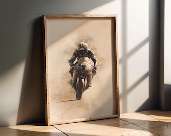 Motorsports | Abstract Motorcycle Driver Art Print | Watercolor Motorbike Racing Home Decor