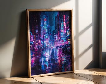 Cyberpunk City Regen Poster | Neon Tokyo Street Art | Futuristische Nachtwandkunst
