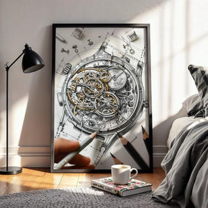 May include: A framed black and white illustration of a watch mechanism, showcasing intricate gears and components. The artwork is propped against a wall, with pencils, a coffee cup, and a book nearby, creating a studio or workshop ambiance.