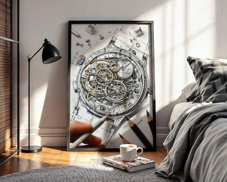 May include: A framed black and white illustration of a watch mechanism, showcasing intricate gears and components. The artwork is propped against a wall, with pencils, a coffee cup, and a book nearby, creating a studio or workshop ambiance.