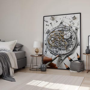 May include: Large framed artwork featuring a detailed mechanical watch illustration with gears and components. The artwork is in a bedroom setting, next to a bed with gray bedding and a side table with a lamp.