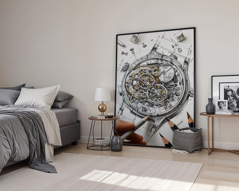 May include: Large framed artwork featuring a detailed mechanical watch illustration with gears and components. The artwork is in a bedroom setting, next to a bed with gray bedding and a side table with a lamp.