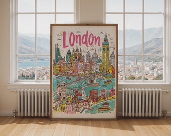 May include: A framed art print featuring a colorful, hand-drawn style illustration of the London skyline. The word London is written in large pink script at the top. The scene includes Big Ben, Tower Bridge, and the River Thames in vibrant hues.