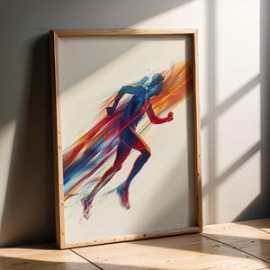Può includere: Una stampa artistica incorniciata con un'illustrazione dinamica di un corridore in movimento. L'opera d'arte utilizza tratti vibranti di rosso, arancione e blu per esprimere velocità ed energia. La cornice in legno aggiunge un tocco classico al design moderno.