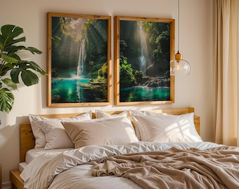Set of Two Prints | Waterfall Wall Art | Jungle Nature Print's | Spa Decor