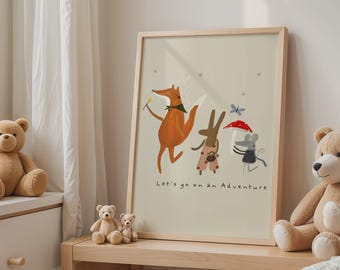 Nursery Pictures Fox Rabbit Mouse Adventure Poster | Woodland Animal Wall Art | Kids Room Print
