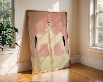 Cuadro decorativo de caballos / Lámina minimalista blanca sobre fondo rosa pálido