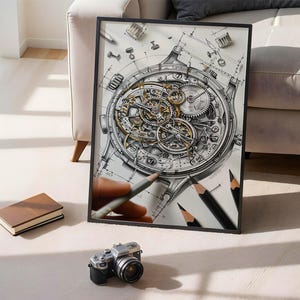May include: Framed black and white illustration of a watch mechanism with gears and intricate details. Pencils are placed around the frame. A small camera and a brown notebook are in the foreground.