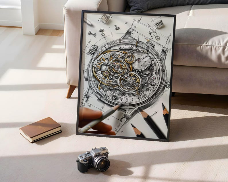 May include: Framed black and white illustration of a watch mechanism with gears and intricate details. Pencils are placed around the frame. A small camera and a brown notebook are in the foreground.