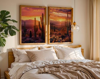 Set of Two Prints | Desert Wall Art | Cactus Sunset Print | Boho Decor