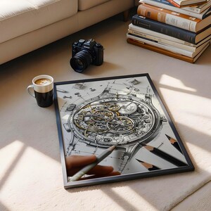 May include: A framed print of a watch mechanism design, featuring intricate gears and details in grayscale. A black camera, a coffee mug, and a stack of books are also visible. Pencils are placed near the frame.