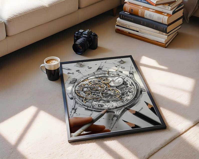 May include: A framed print of a watch mechanism design, featuring intricate gears and details in grayscale. A black camera, a coffee mug, and a stack of books are also visible. Pencils are placed near the frame.