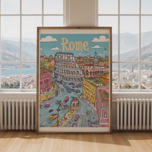 Puede incluir: Una lámina de arte vertical enmarcada que presenta una ilustración colorida y estilizada del Coliseo de Roma. La escena incluye edificios urbanos circundantes, una calle concurrida con varios coches y la palabra Rome en letras grandes y claras.