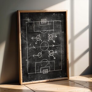 Può includere: Una lavagna incorniciata con un diagramma di un campo da calcio, con linee e frecce bianche che indicano le posizioni dei giocatori. La cornice in legno circonda la lavagna nera. Il diagramma è una rappresentazione visiva di una strategia calcistica.
