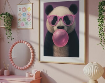 Panda Bubblegum Poster | Pink Sunglasses Wall Art | Funny Animal Print | Kids Room Decor
