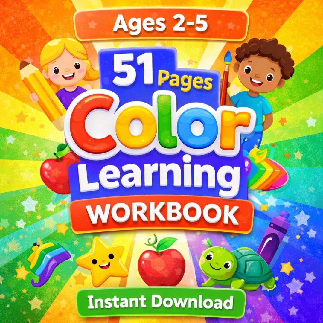 Kids Color Learning Worksheets, Preschool Printable Workbook (instant
