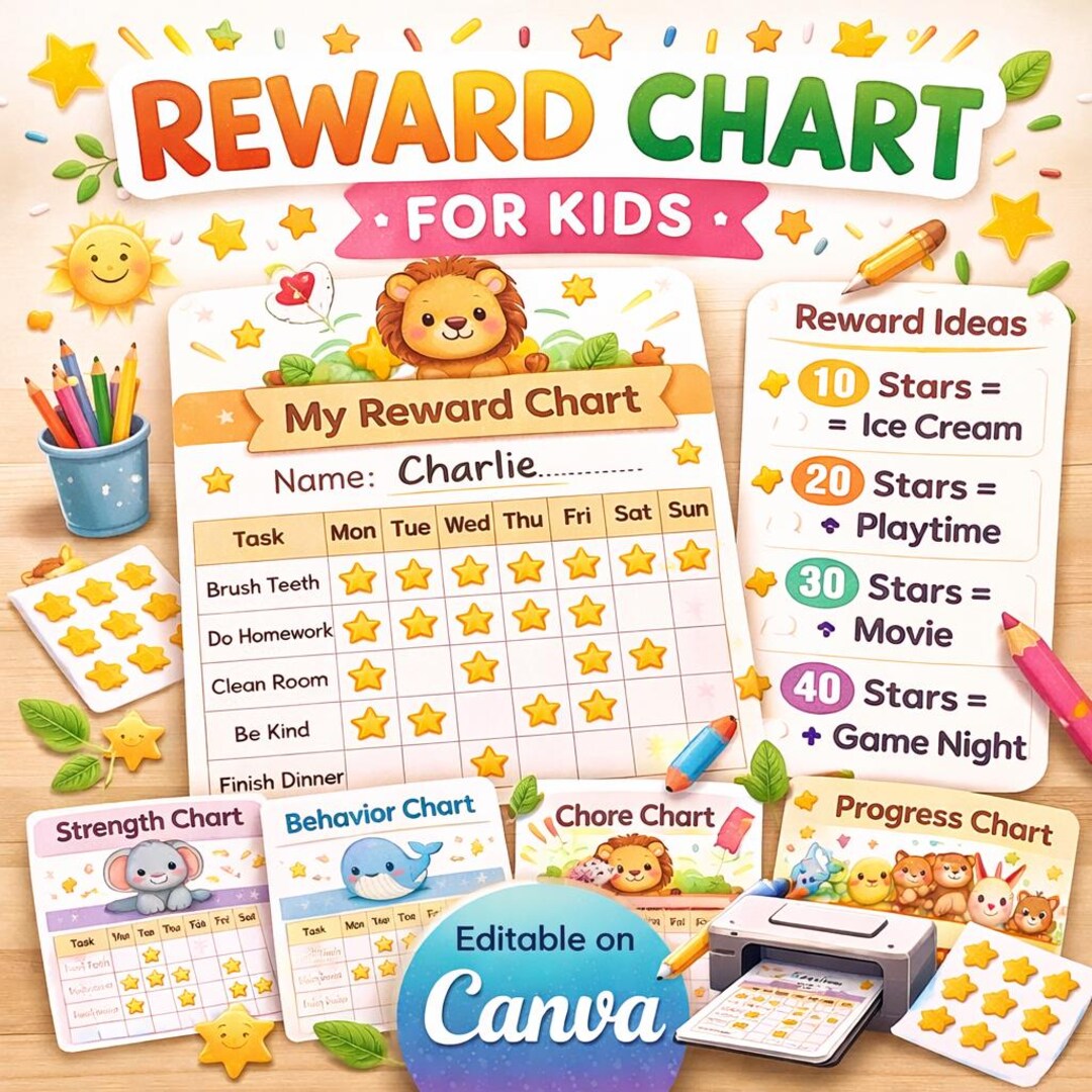 Animal Reward Chart Bundle, Kids Behavior Tracker, Editable Canva ...