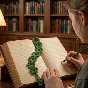 May include: A green crocheted bookmark with flower details and a tassel is placed in an open book. The book is on a wooden desk with other books, a lamp, and a globe. A person is writing in the book with a pencil.