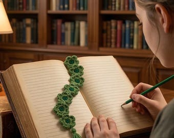 May include: A green crocheted bookmark with flower details and a tassel is placed in an open book. The book is on a wooden desk with other books, a lamp, and a globe. A person is writing in the book with a pencil.