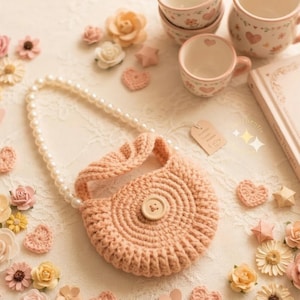 May include: A peach-colored, crocheted purse with a pearl strap and wooden button closure. The purse is surrounded by paper flowers, hearts, and a book with the words "Sweet Thoughts". The scene is set on a cream-colored lace surface.