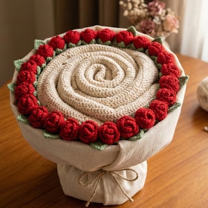 May include: A crocheted blanket in a spiral pattern, presented as a bouquet. The blanket is beige, surrounded by a ring of red crocheted roses with green leaves. The bouquet is wrapped in beige fabric and tied with a twine bow.