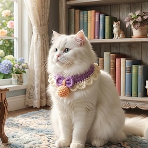 May include: A fluffy white cat wearing a purple and cream-colored crocheted collar with a bow and orange pendant sits on a patterned rug. A bookshelf filled with books and decorative items is in the background.
