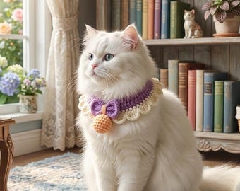 May include: A fluffy white cat wearing a purple and cream-colored crocheted collar with a bow and orange pendant sits on a patterned rug. A bookshelf filled with books and decorative items is in the background.