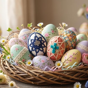 Puede incluir: Una cesta de mimbre llena de huevos de Pascua decorados. Los huevos presentan patrones florales, adornos de encaje y diseños de cruces. La cesta está adornada con flores y vegetación, creando una festiva exhibición primaveral.
