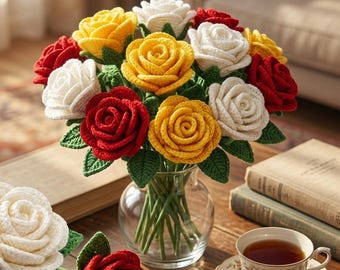 May include: A bouquet of crocheted roses in a clear glass vase, with individual roses in red, yellow, and white. A cup of tea and books are on a wooden table, creating a cozy, handcrafted aesthetic.