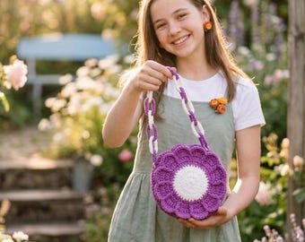 May include: A purple and white crochet flower-shaped purse with a white and purple strap. The purse is held by a person wearing a white t-shirt and a green dress. The background features a garden with flowers.