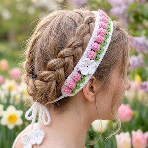 Pink Crochet Flower Hairband with White Flower Accents. 100% Cotton Women main image 2