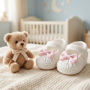Op de afbeelding: Een bruine teddybeer met een cr&egrave;me strik staat naast een paar witte gehaakte babyschoentjes met roze strikjes. De items liggen op een cr&egrave;mekleurige deken, met een wieg en kinderkamerdecoratie op de achtergrond.