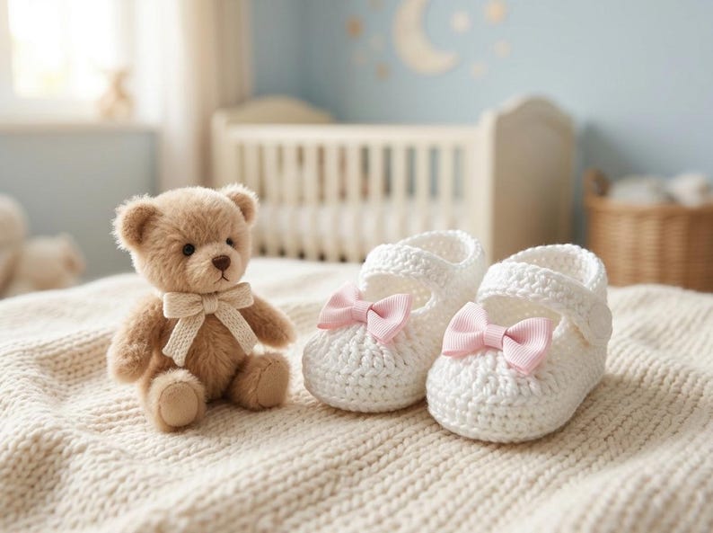 Op de afbeelding: Een bruine teddybeer met een cr&egrave;me strik staat naast een paar witte gehaakte babyschoentjes met roze strikjes. De items liggen op een cr&egrave;mekleurige deken, met een wieg en kinderkamerdecoratie op de achtergrond.