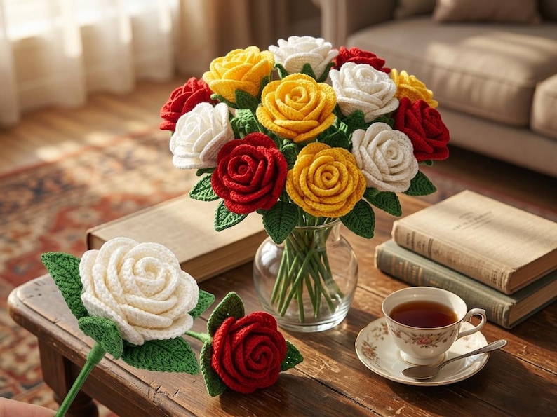 Individual Roses Crochet Handmade Crochet Rose Bouquet, Yellow Pink White Home Decor (crochet ...