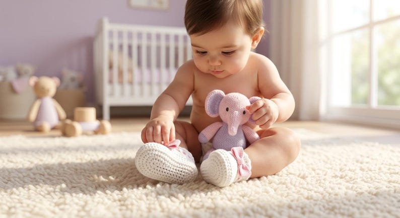 Op de afbeelding: Een baby zit op een zacht, cr&egrave;mekleurig tapijt en houdt een roze en paarse olifantenknuffel vast. De baby draagt witte gebreide babyschoentjes met roze strikjes. Een wieg en speelgoed zijn op de achtergrond.